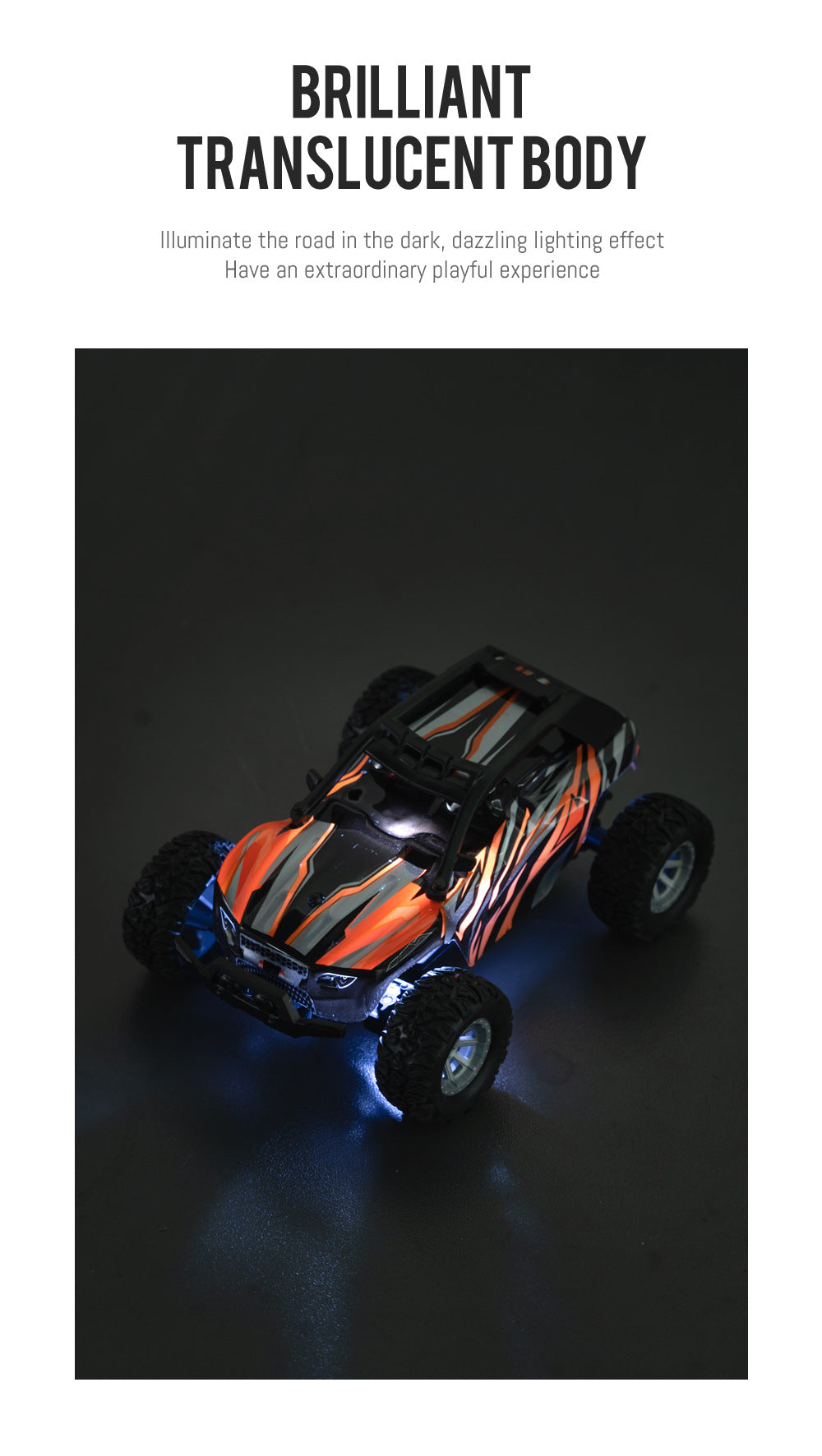 Vibrant LED lights on the RC car in motion