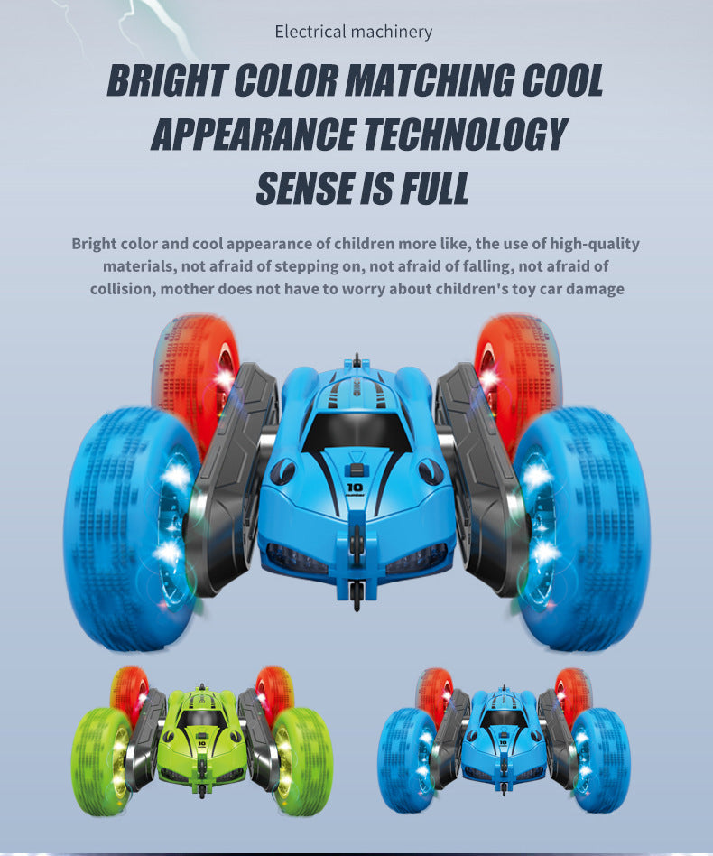 Side view of colorful stunt car showcasing flips