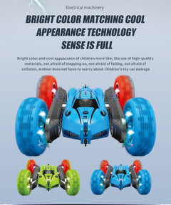 Side view of colorful stunt car showcasing flips