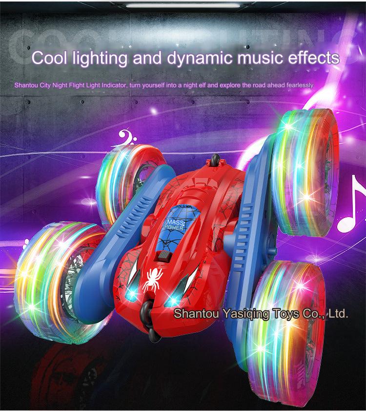 LED lights illuminating the stunt remote control car