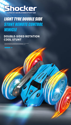 Close-up of the colourful stunt remote control car