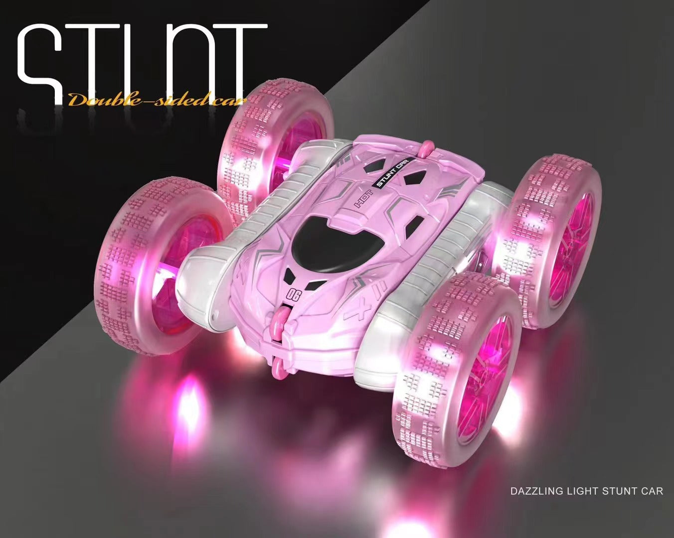 Close-up of the colourful stunt remote control car