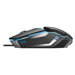 Close-up of ergonomic RGB gaming mouse showing buttons