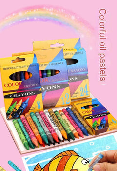 Close-up of 12 vibrant crayons for kids art