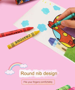 Child using crayons on a drawing pad