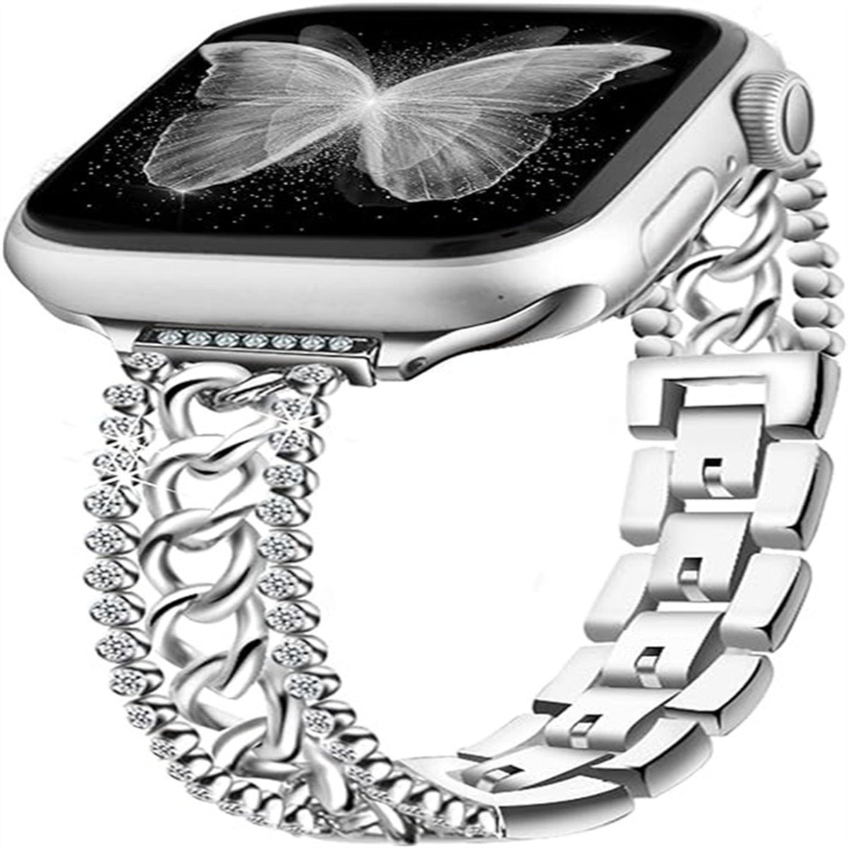 Stylish Diamond Denim Chain Apple Watch Band in silver