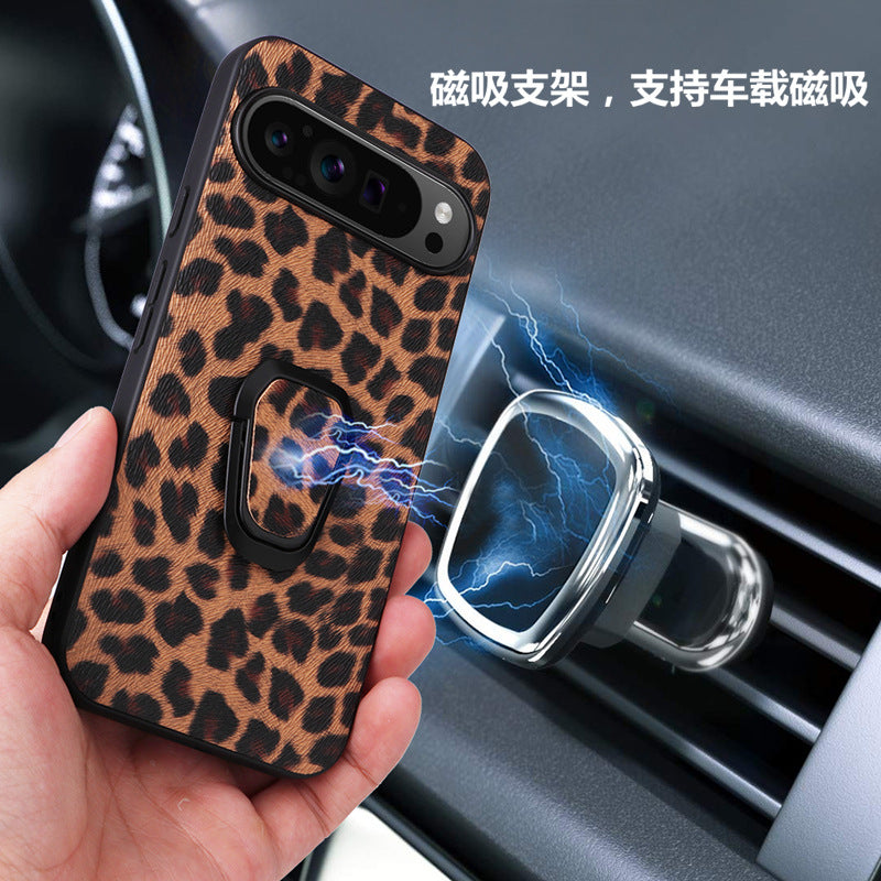Magnetic leather phone case with leopard print design