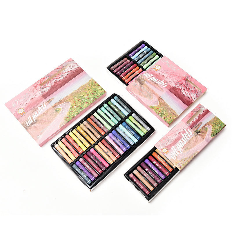 Flat lay of oil pastels with colourful creations
