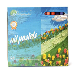 Flat lay of oil pastels with colourful creations