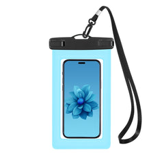 Waterproof phone pouch displayed on a beach