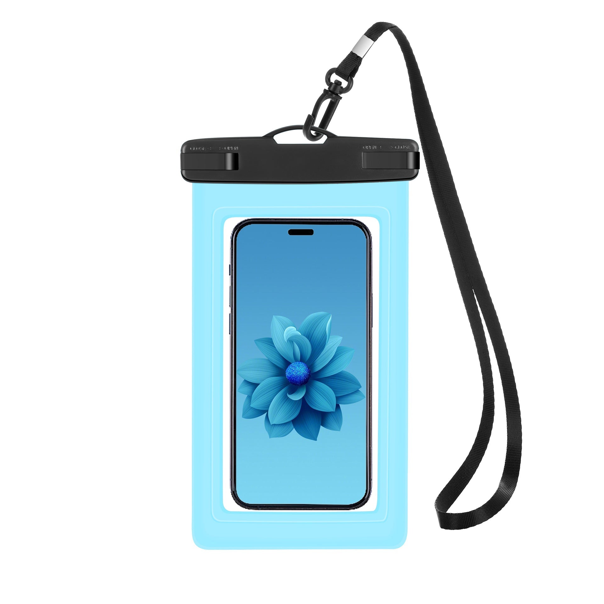 Waterproof phone pouch displayed on a beach