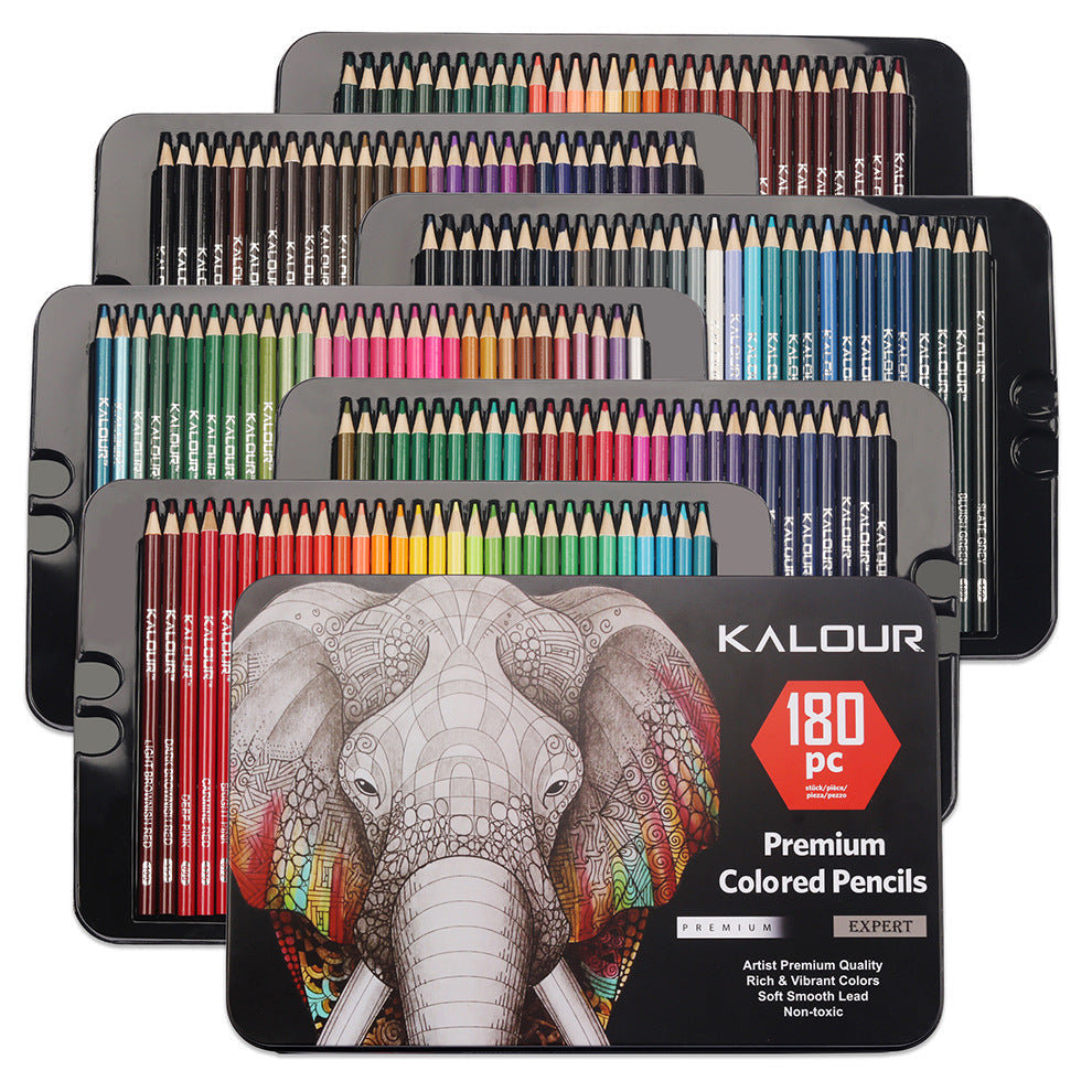 Close-up of oil-based coloured pencils in metal tin