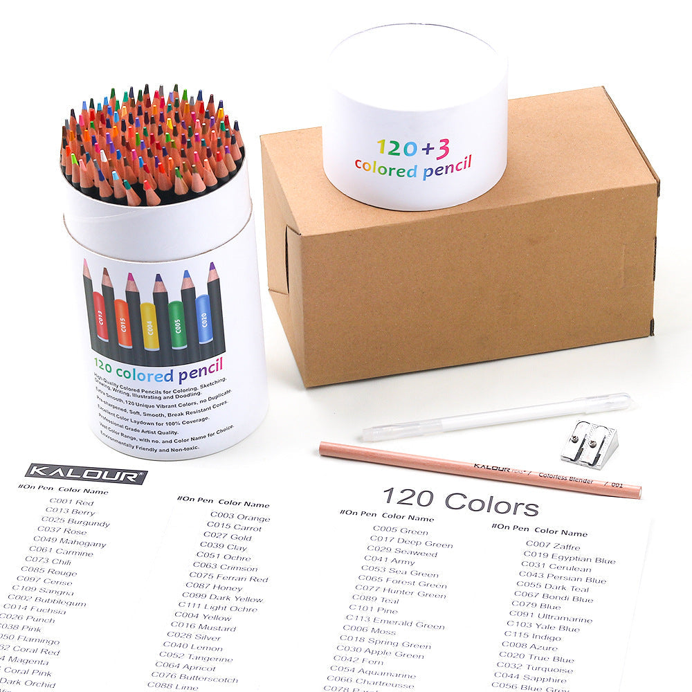 Close-up of KALOUR coloured pencils in wooden case