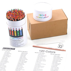 Close-up of KALOUR coloured pencils in wooden case
