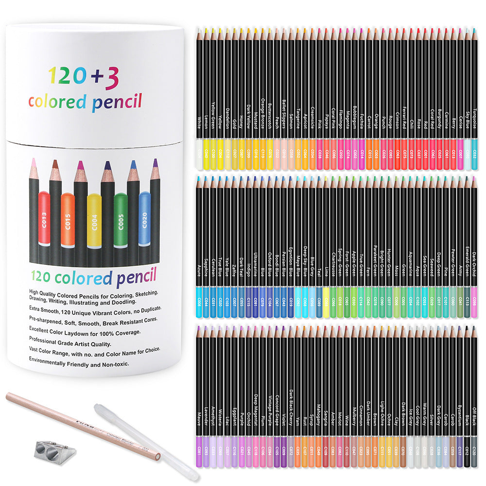 Close-up of KALOUR coloured pencils in wooden case