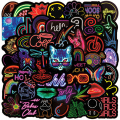 Neon cat sticker placed on a skateboard