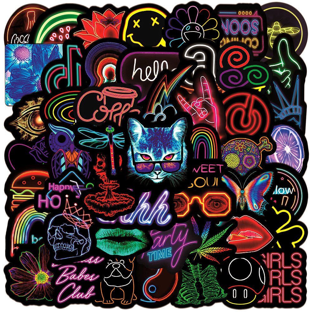 Neon cat sticker placed on a skateboard