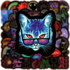 Dynamic neon cat stickers on a water bottle