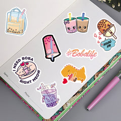 Stickers featuring cute designs centred on pearl milk tea