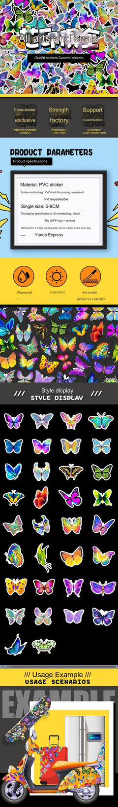 Holographic butterfly stickers scattered on a table