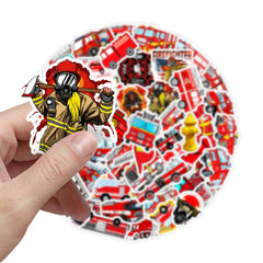 fire truck stickers displayed on a table