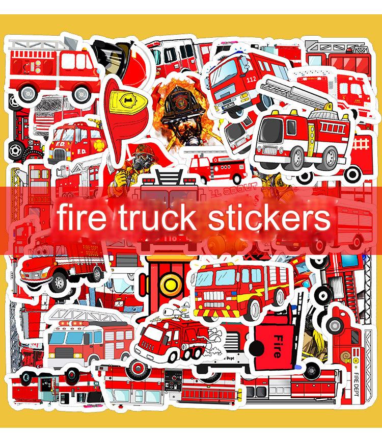fire truck stickers displayed on a table
