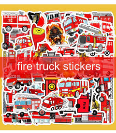 fire truck stickers displayed on a table