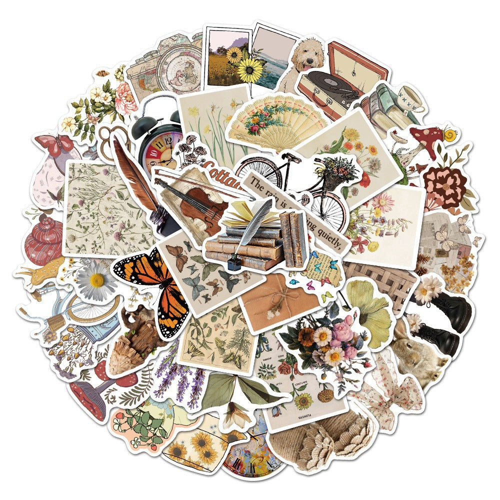 Close-up of waterproof vintage stickers on a notebook