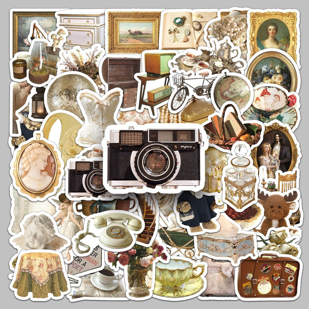 Close-up of unique vintage stickers