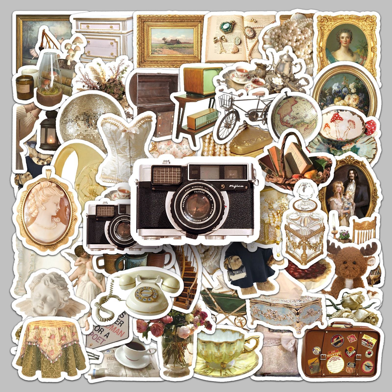Close-up of unique vintage stickers