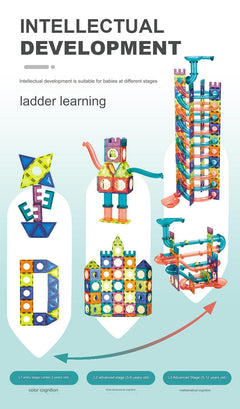 Child playing with magnetic blocks building structures