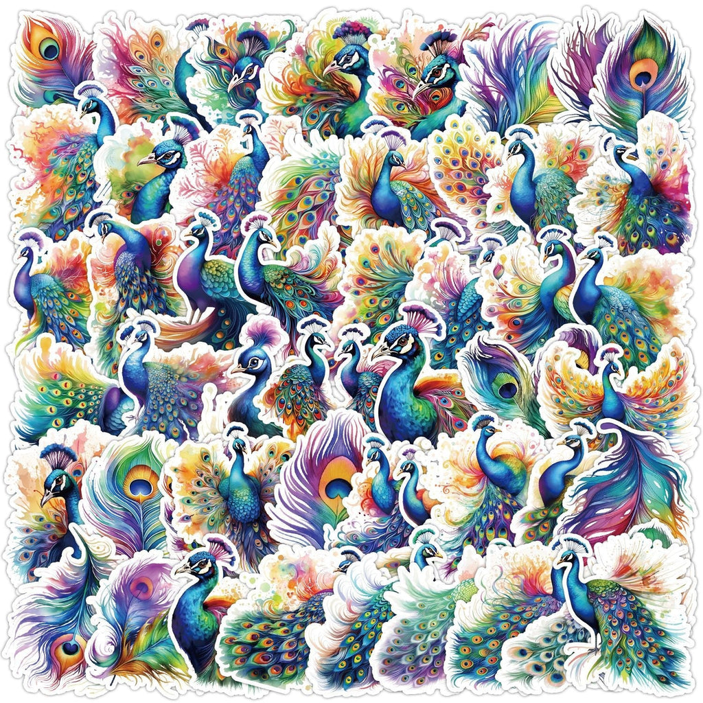 Stickers showing artistic peacock illustrations