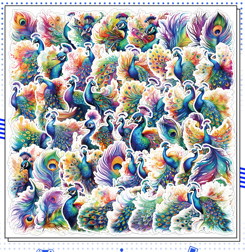 Close-up of waterproof peacock doodle stickers