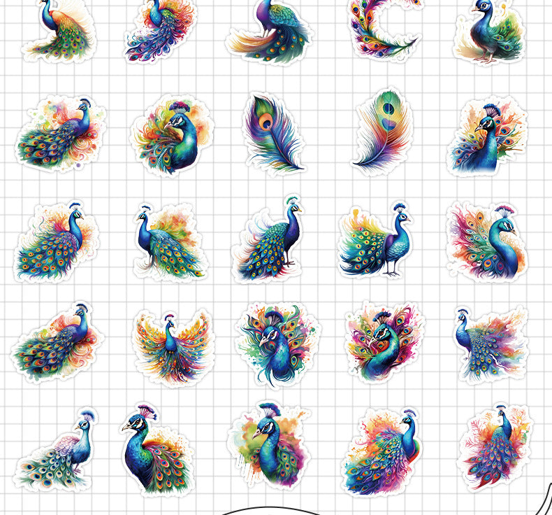 Stickers showing artistic peacock illustrations