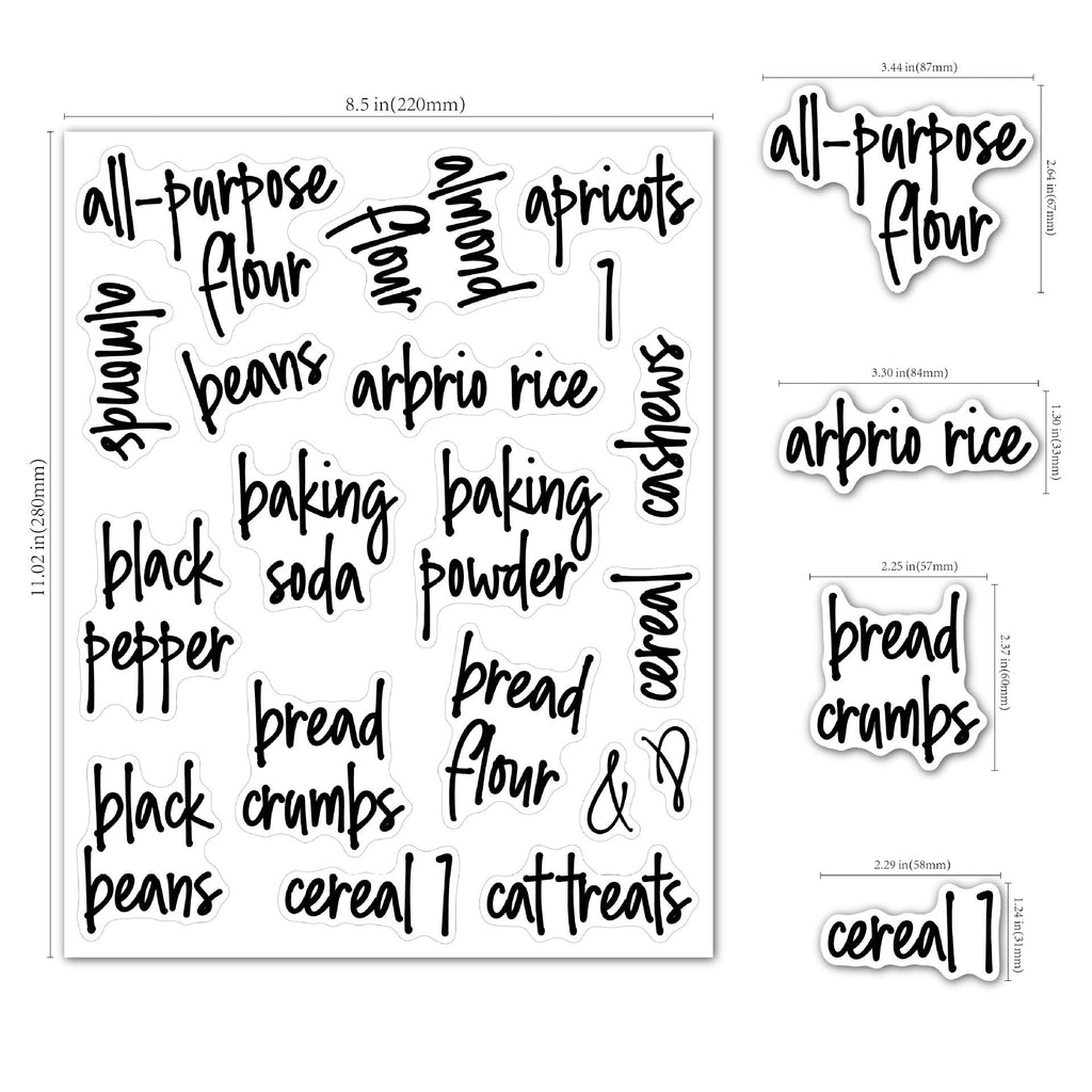 Different pantry labels on containers and jars