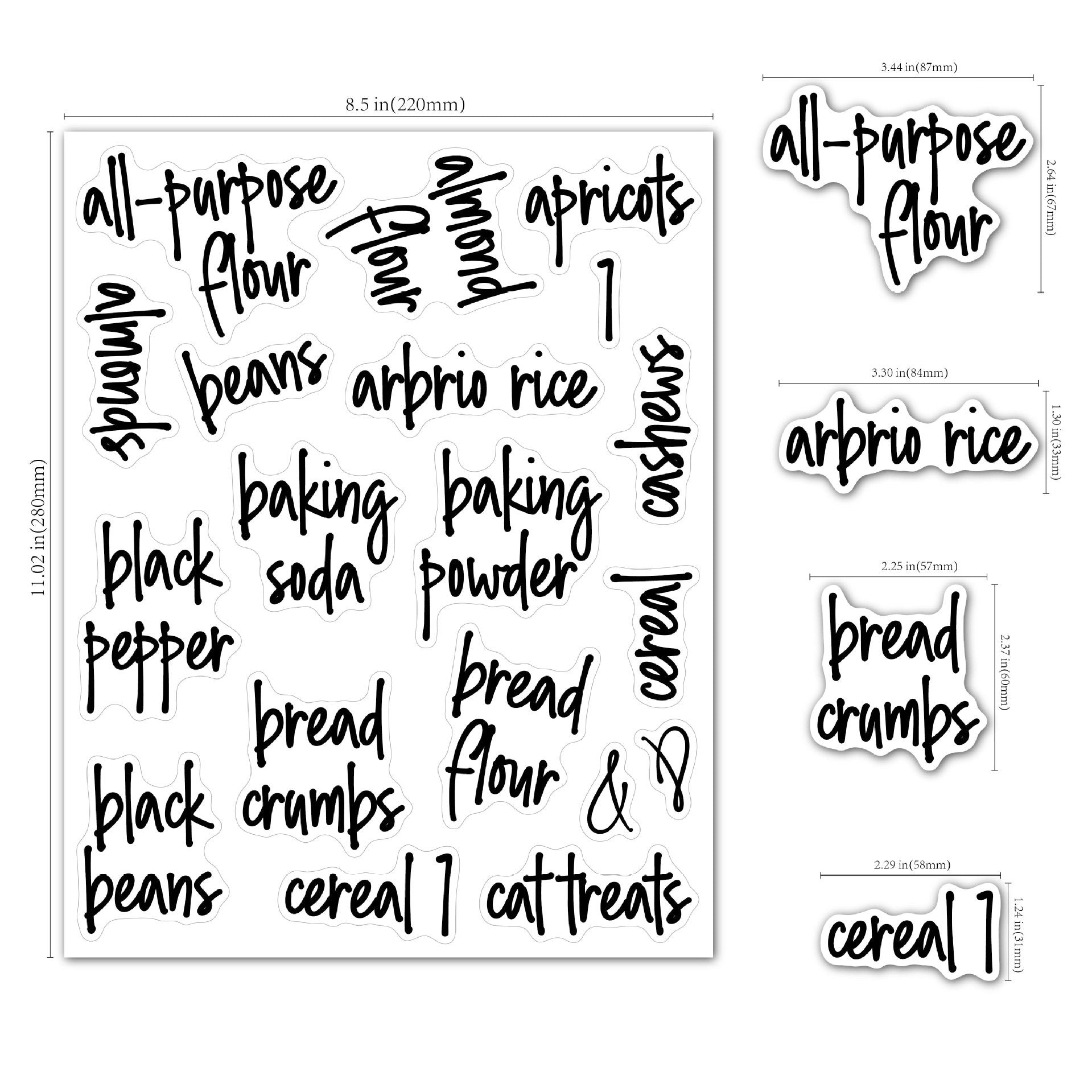 Different pantry labels on containers and jars