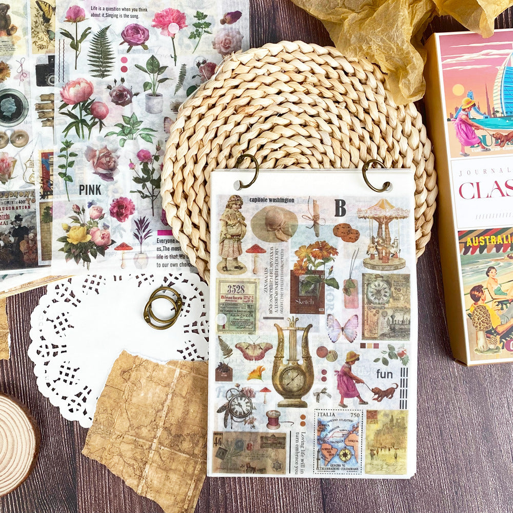 Image of vintage journaling sticker set with decorative papers