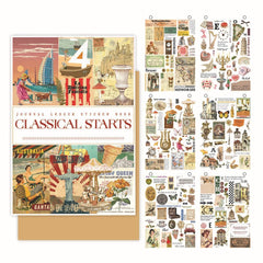 Assorted vintage stickers for scrapbooking displayed