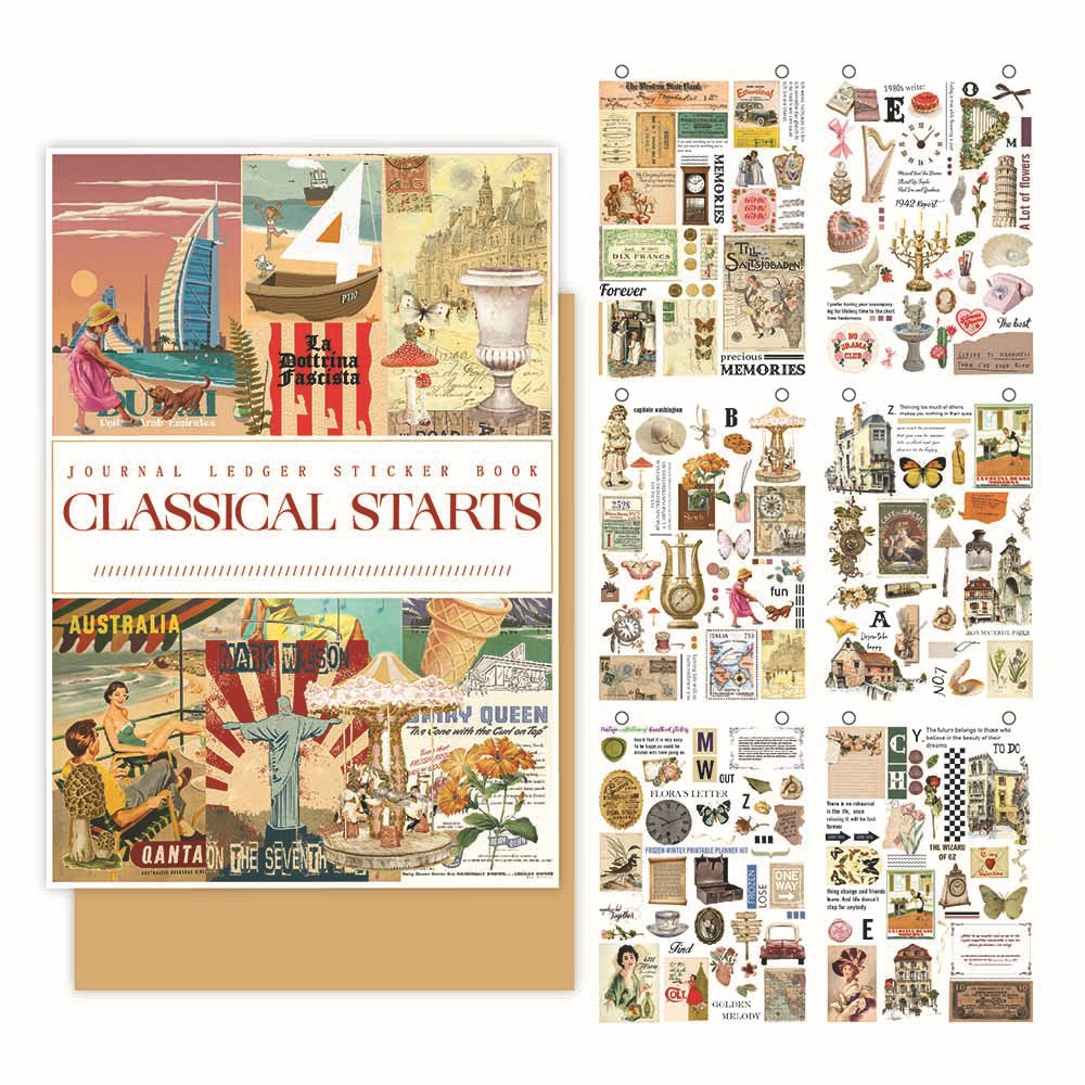 Assorted vintage stickers for scrapbooking displayed