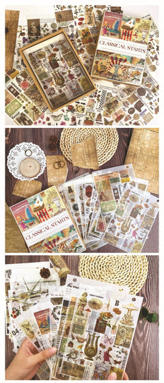 Assorted vintage stickers for scrapbooking displayed