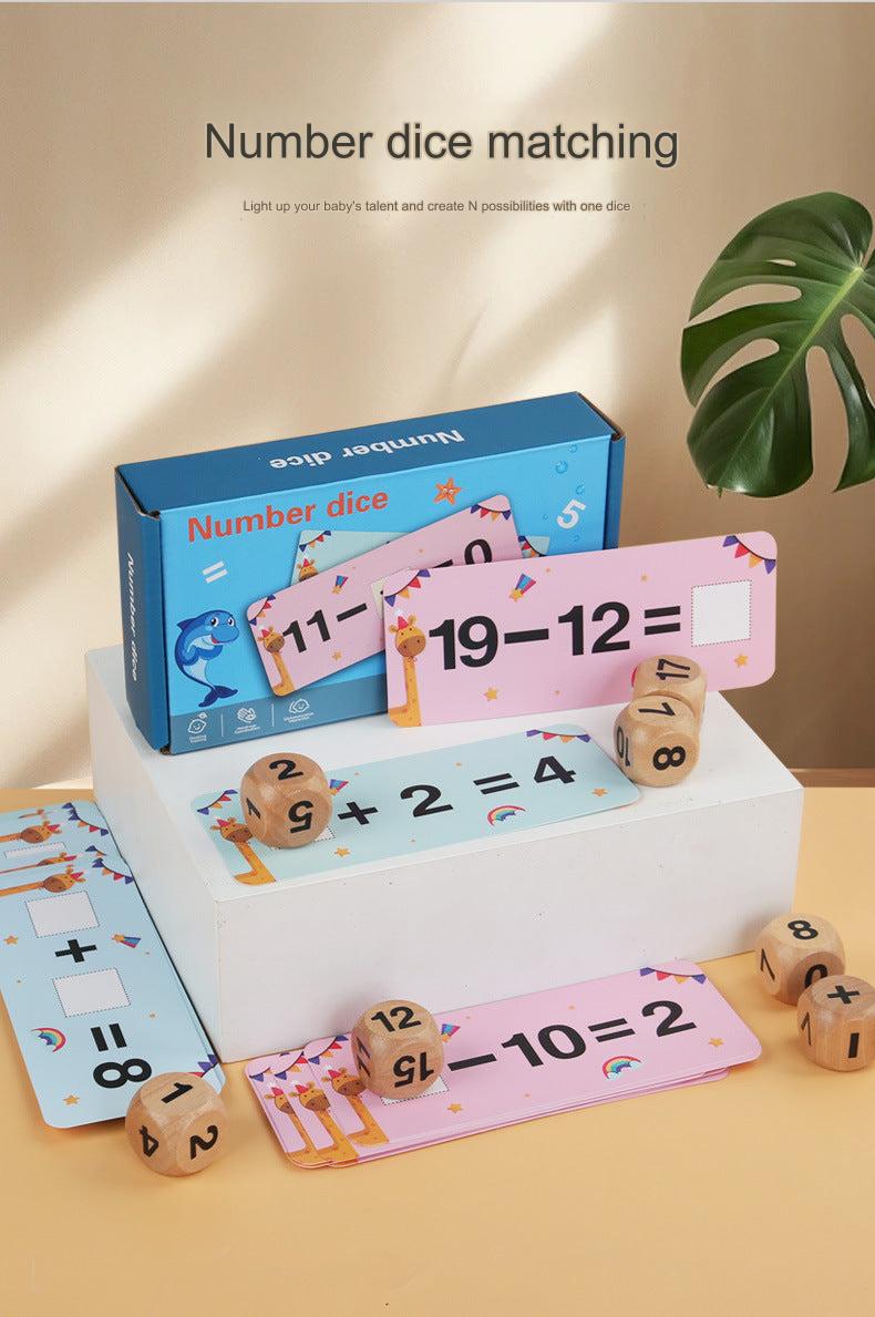 Children's wooden dice matching game with colourful numbers and letters