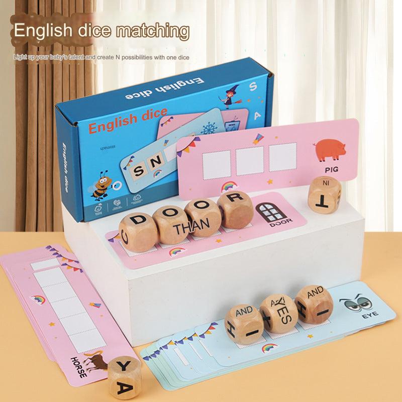 Children's wooden dice matching game with colourful numbers and letters