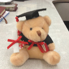 Plush bear surrounded by graduation items