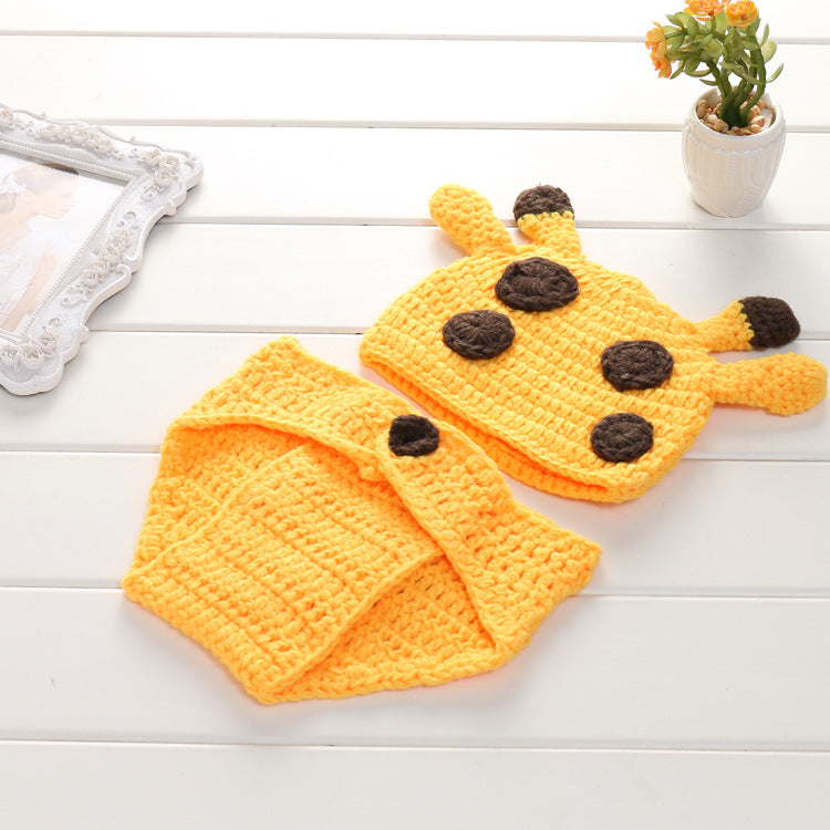 Full view of hand-knit giraffe set
