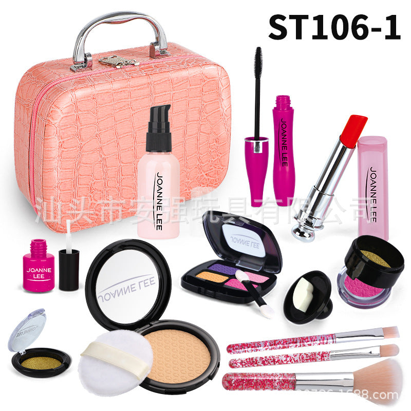Girl playing with makeup set and mirror