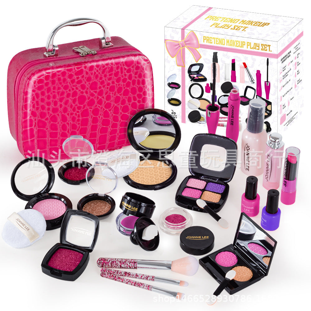 Girl playing with makeup set and mirror
