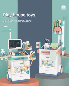 Child playing with doctor toy set equipment