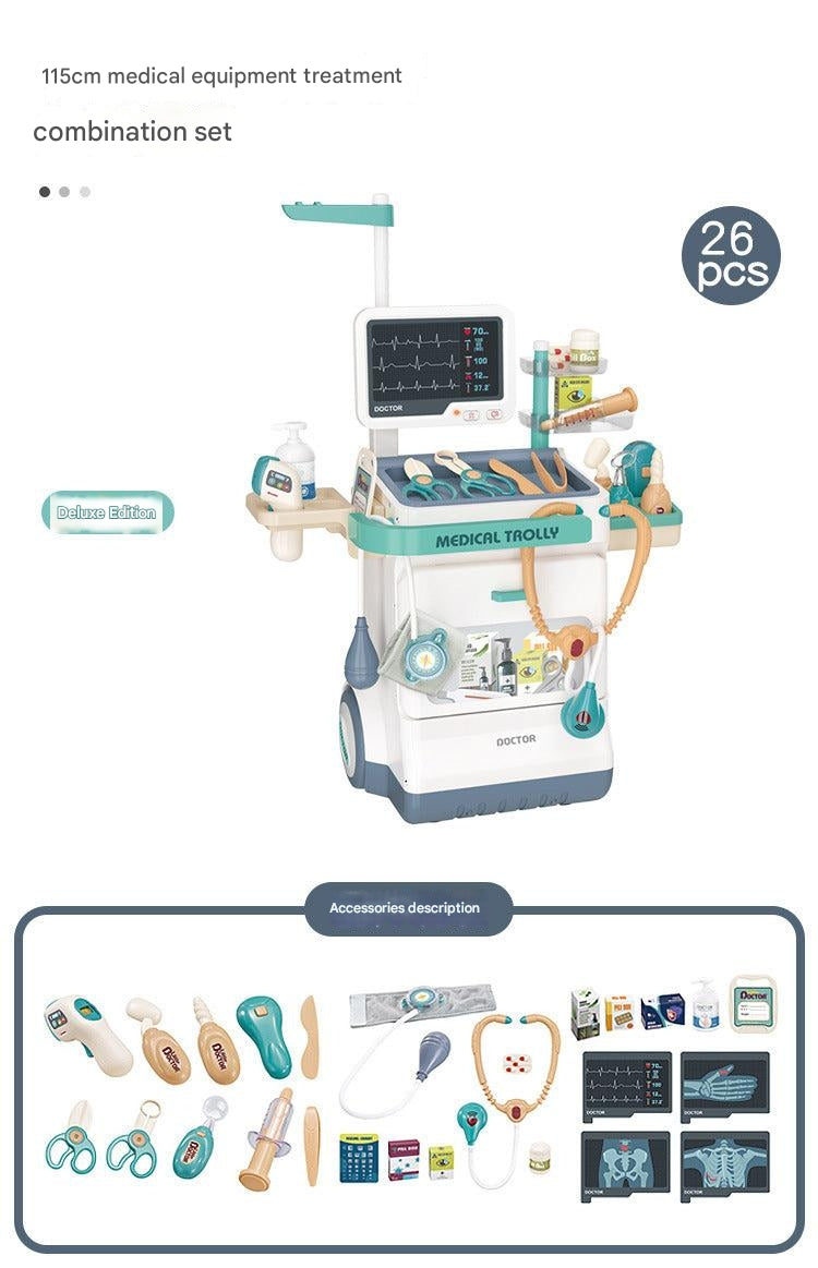 Kids with toy doctor stethoscope and cart