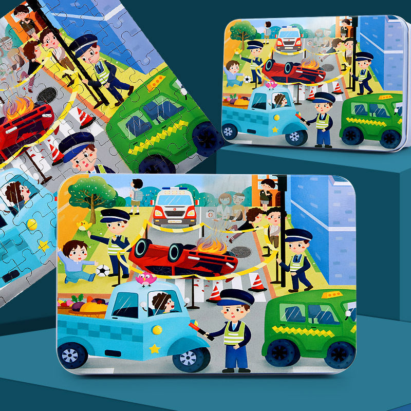 Educational jigsaw puzzle pieces in tin box