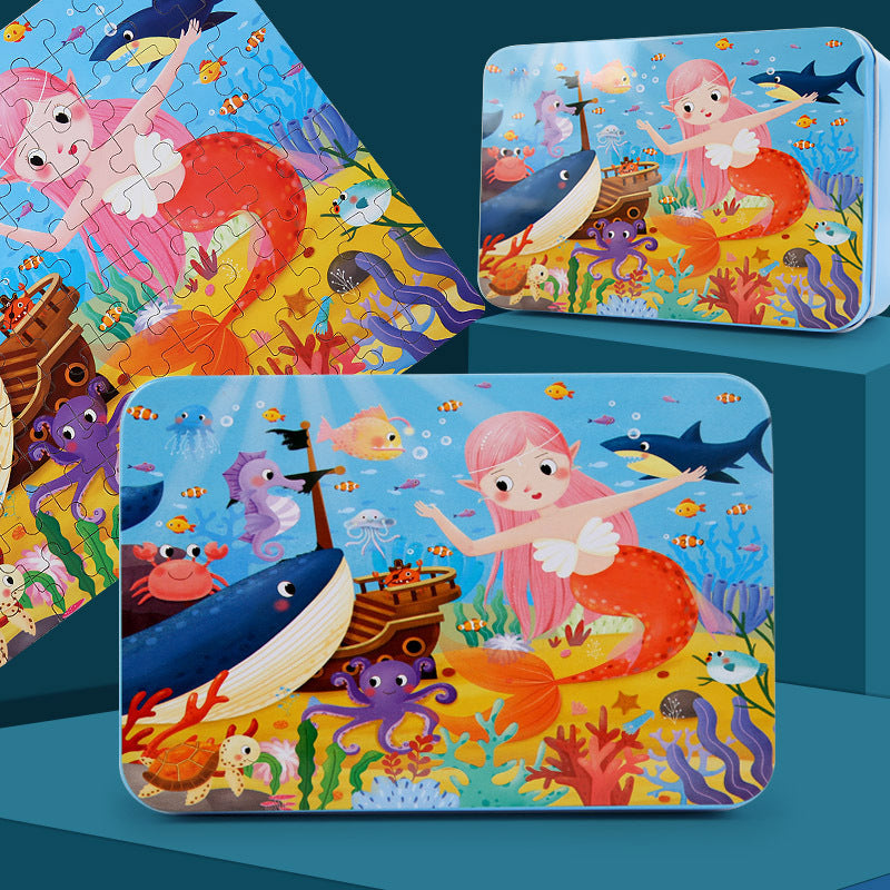 Tin box packaging for wooden puzzles